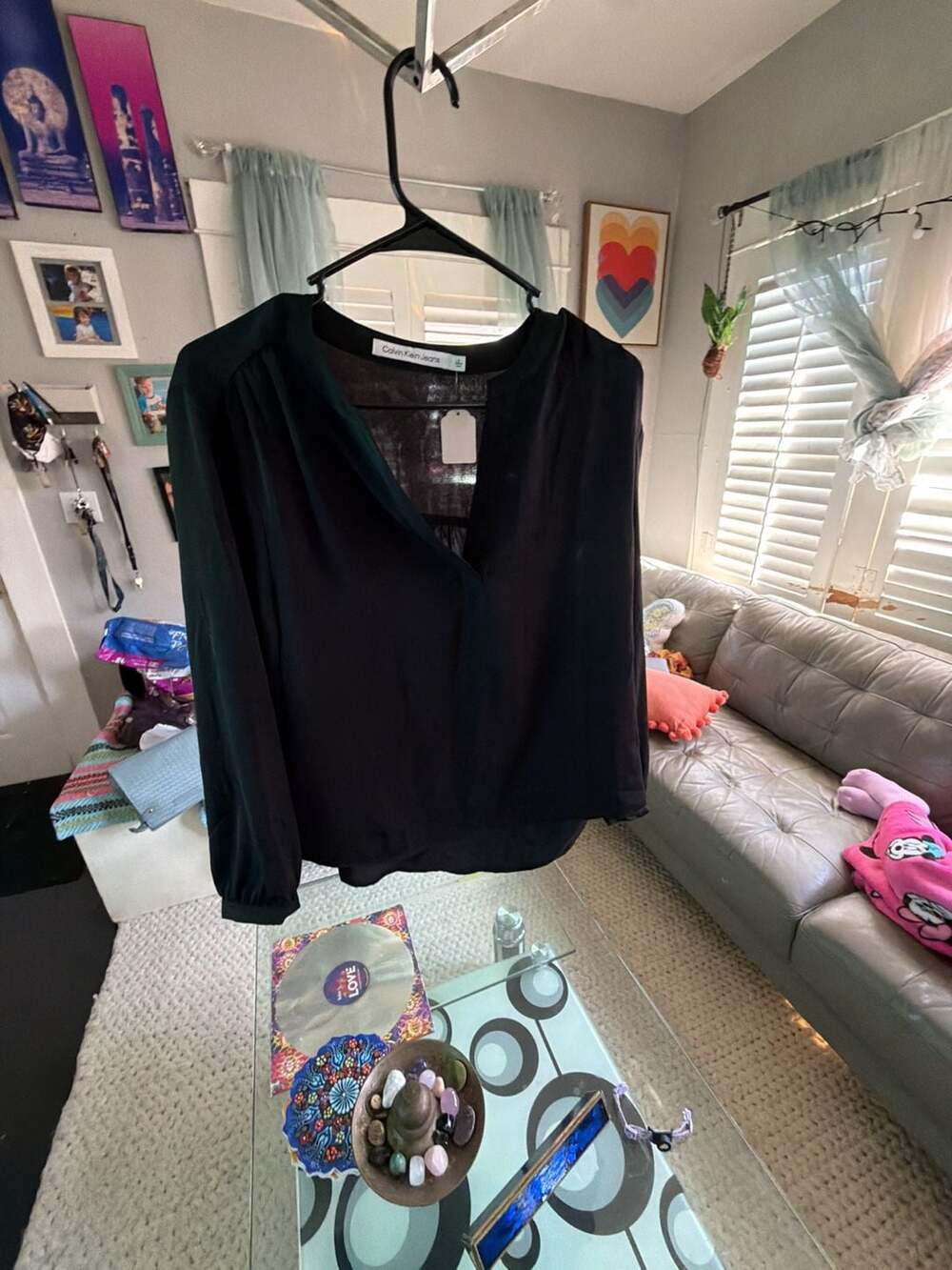 Calvin Klein Jeans Blouse Size M Black Long Sleeve Split Neck